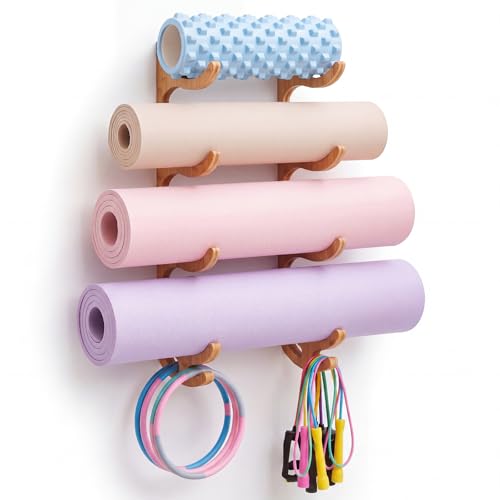 Junkin Yoga Mat Holder Wooden Wall Mount, Yoga Mat Gym Equipment Storage with 4 Hook Storage Holder for Hanging Foam Rollers and Resistance Bands for Home Gym or Fitness Class - color: Brown, style: 4 Tier