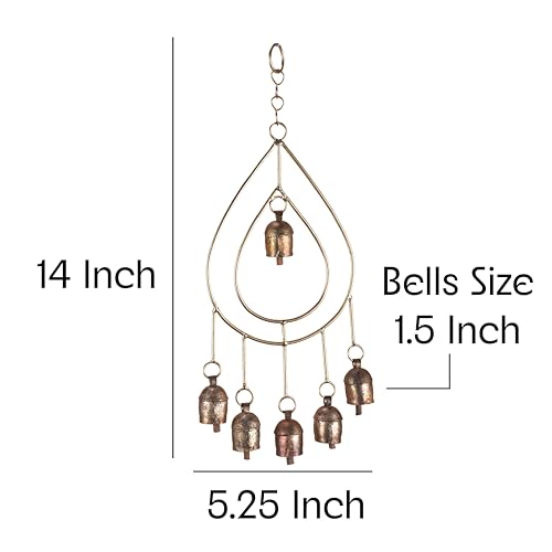 Metal Wind Chimes for Outside – Deep Tone Garden Decor – Rustic Finish Bronze Yard Decorations Outdoor – 14 Inch Hanging Windchime for Porch Patio Balcony – Gold Chimes with 6 Decorative Bells - color: Rustic Teardrop