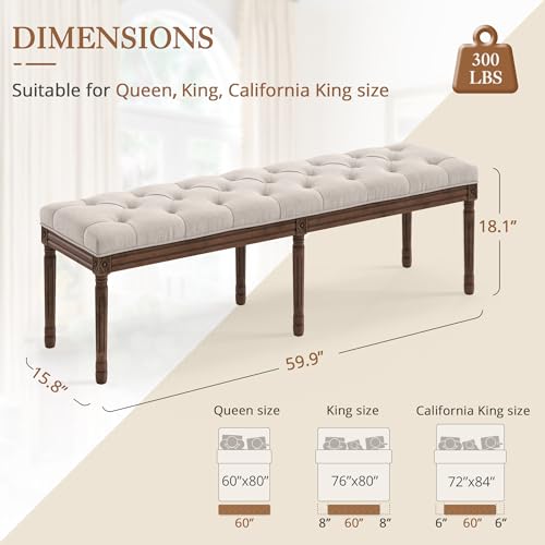 LUE BONA 60" Fabric End of Bed Bench, Upholstered Tufted French Bedroom Bench with Carved Dark Brown Legs for Bedroom End of King Size Bed, Living Room, Linen - color: Linen and Dark Brown, size: 60''