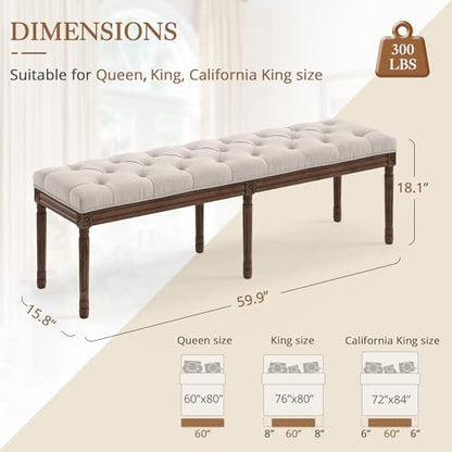 LUE BONA 60" Fabric End of Bed Bench, Upholstered Tufted French Bedroom Bench with Carved Dark Brown Legs for Bedroom End of King Size Bed, Living Room, Linen - color: Linen and Dark Brown, size: 60''
