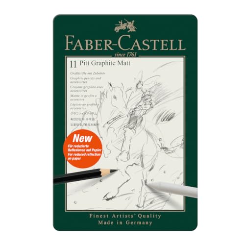 Faber-Castell Pitt Graphite Matte Pencil Set, Metal Tin of 8 Graphite Pencils and Sketching Accessories (HB, 2B, 4B, 6B, 8B, 10B, 12B, 14B), Pencil Sharpener, Eraser and Blending Stump - size: 1 Count (Pack of 11), style: 11 Count