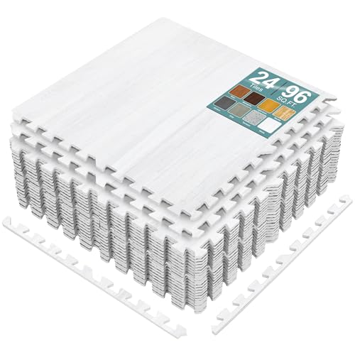 Sorbus Interlocking Wood Grain Foam Floor Tiles (24 Pack, White) | 3/8-inch EVA floor mats create cushioned foam flooring for playrooms, basements, apartments, trade shows and baby spaces. - color: White, size: 24 Pack