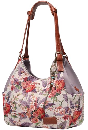 Worldlyda Women Canvas Hobo Purse Multi Pocket Tote Shopper Shoulder Bag Casual Top Handle handbag with Embroidery Ethnic - color: Be06purple Flower