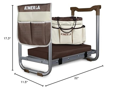 Aimerla K5 Foldable Kneeler Seat - Heavy Duty (Detachable Cloud Kneeler Pad) - Garden Stool - 2 Large Tool Bags - Portable Bench for Indoor & Outdoor - size: K5-Brown