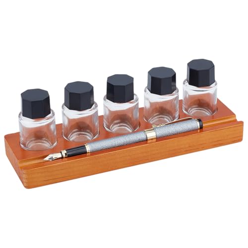 BENECREAT 5-Hole Calligraphy Ink Pot Holder Set, Wood Bottle Organizer Stands & 5Pcs Glass Fountain Pen Ink Bottle（15ml/ 0.5oz Decorative Desk Organizer for Office and Home Writing
