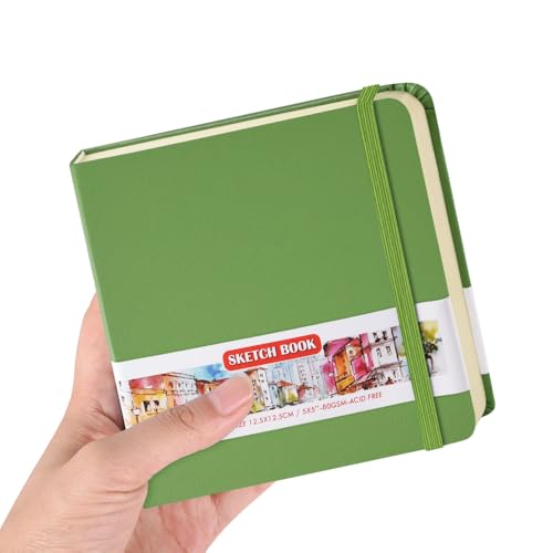5x5 Pocket Sketch Book,80gsm Hardcover Art Sketchbook for Drawing Journal | PU Cover,Blank Paper,96Sheets/192Pages,Lay-Flat,Portable Travel Creation Paint Diary Memo Planner,Dry Media.Green - color: PU Cover-5x5in-Green