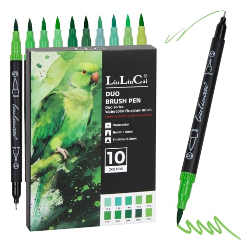 LIULIUCAI 10 Green Dual Markers, Fine & Brush Tip Pen for Adult Coloring | Lush Green Markers, Colored Pens for Landscapes, Leaves, Nature Journals, Botanical Art, Drawing Illustration Lettering - color: 10 Green