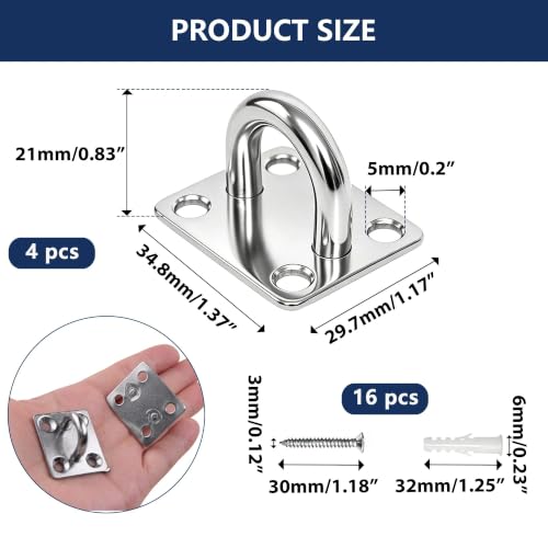 4 Pcs M5 304 Stainless Steel Square Pad Eye Plate, 35x30mm Heavy Duty Ceiling Mount U-Bracket with Screws & Anchors – Marine Hardware for Hammock, Swing, Sandbag, Plants (35mmx30mm) - size: 35mm*30mm