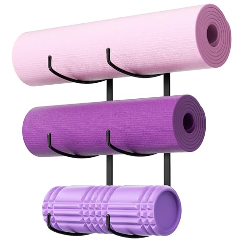 Yoga Mat Holder Wall Mount, 3-Tier Yoga Mat Storage Rack for Gym, Black | for Mats/Wheels, Foam Roller and Block | Wall Organizer for Home Gym, Workout Room | Metal - color: Black
