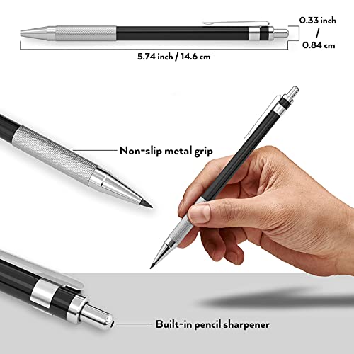 Nicpro 17PCS Metal 2mm Mechanical Pencil Set in Leather Case, 5 PCS 2.0 mm Lead Pencil Holders (4B 2B HB 2H 4H) 6 Tube Black Colored Lead Refills, Erasers, Sharpener For Art Drafting Sketching Drawing | Mechanical Pencil Pack, 5 PCS Lead Pencils, 6 Tubes