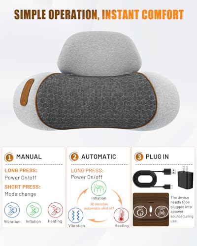 3-in-1 Massager Pillow with Heat, Vibration & Airbag Cervical Traction, Shoulder Relaxer, Ergonomic Memory Foam Support for Neck Hump, Home Office, Gray