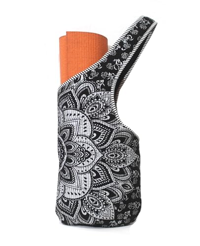 INDIAN CRAFT CASTLE Yoga Mat Bag | Tote Mat Bag | Sling Yoga Tote w/Large Side Pocket & Zipper Pocket | Yoga Mat Carrier Fits Most Size Mats - color: Black Silver