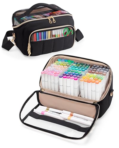 Marscamd Quilted Marker Organizer Case Holds 180 Markers, Marker Storage Organizer Bag with Dividers and Detachable Crossbody Strap, Black - color: Black
