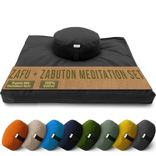 Bean Products Meditation Cushion Mat Set - Zafu Floor Pillow Organic Buckwheat Pillow + Cotton Filled Zabuton Prayer Pad - Meditation Pillow Yoga Knee Pad - Made in USA - 14" Round or 18" Oval - color: Black - 10oz Cotton Canvas, size: Round Combo