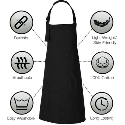 RAJRANG 100% Cotton Cooking Apron with 3 Pockets Kitchen Chef BBQ Adjustable Bib Aprons for Women Men - color: Black