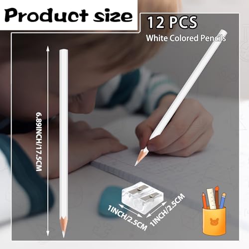 12 Pack White Colored Pencils for Kids, Pre-sharpened Art Pencils Back to School Supplies Set, Drawing Sketching Pencils for Students, Teachers, Classroom - color: white