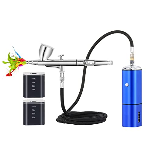 Auto stop cordless airbrush kit with compressor kit,rechargeable dual action air brush gun,connect with different airbrush pens to spray paints for multi use - color: Blue