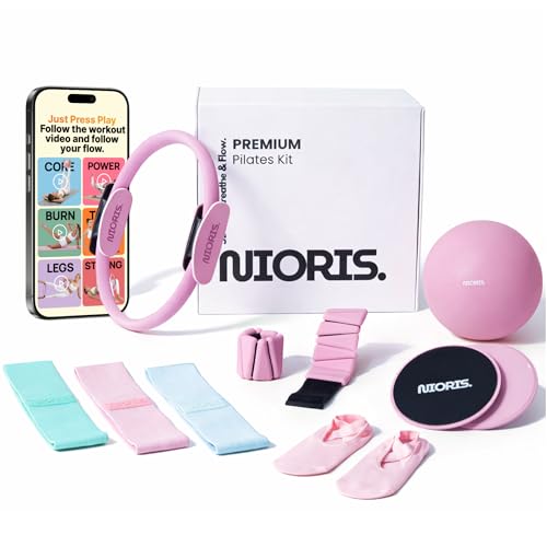 Essential Pilates Equipment Kit – Complete Home Workout Set with Pilates Ring, Pilates Ball, Resistance Bands, Ankle Weights, Sliding Discs & Grip Socks – Guided Full Body Workout Video