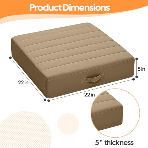 MeMoreCool 22 Inch Square Floor Pillows for Adults, 2 Pack Coffee Cushions | Set of 2 coffee washable tufted floor cushions, thick foam seats for yoga, meditation, tv room - color: Light Coffee, size: 22 Inch