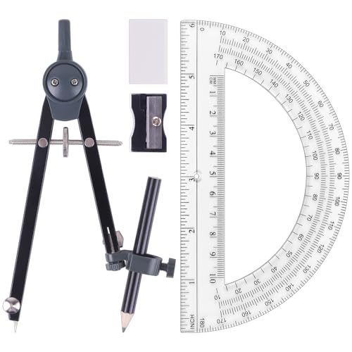 UNJOO Professional Metal Compass for Geometry Set, Math Protractors (Black) | Metal Compass with Wheel and Lock for Geometry, Drawing Compass Tool, Circle Drafting Tool, and 6 Inch Protractors 180 Degree - color: Black