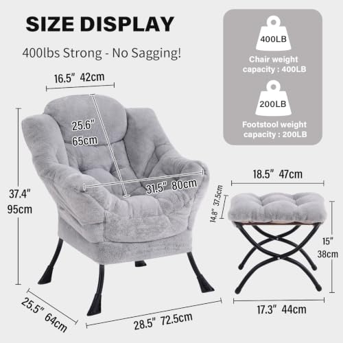 Tiita Lazy Chair with Ottoman, Comfy Reading Accent Chair, Plush Light Grey - color: Plush-light Grey