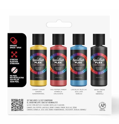 Speedball Flex Fabric Screen Printing Ink Sample Set, 4-Colors, 2-Ounce for T-Shirt and Silkscreen Printmaking