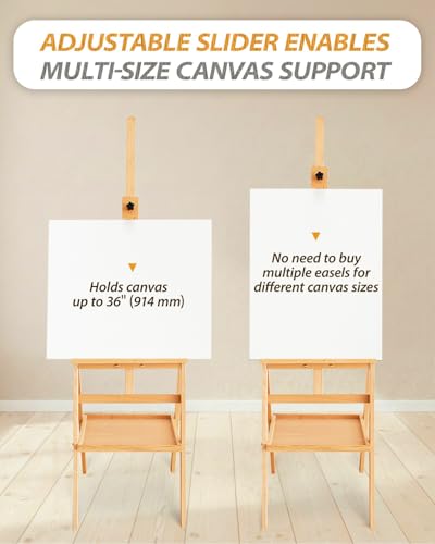 Painting Art Easel with Storage Tray, 57"-72" Height Adjustable Easel Stand | Non-foldable beech wood easel, H-frame artist easel stand for painting, Wooden floor easel holds canvas up to 36" - color: Natural