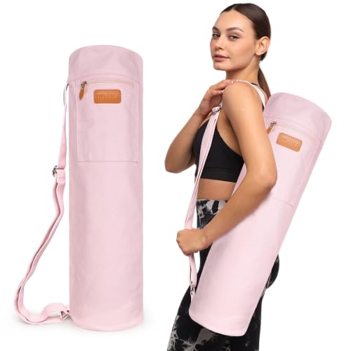 UDANA Canvas Yoga Mat Bag for Women & Men, Full-Zip Carrier with 3 Pockets & Adjustable Strap, Stylish Gym & Pilates Bag – Available in Multiple Sizes - color: Pink, size: Extra Large: 2/5" to 1/2" (11-13mm) Thick Mats