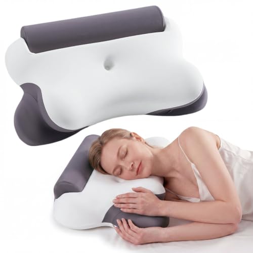 Sweetcrispy Cervical Pillow for Neck Pain, Ergonomic Contour Memory Foam Pillow with Detachable Roll Support, Cooling Breathable Cover for Side Back Stomach Sleepers - color: White Grey-1, size: Queen