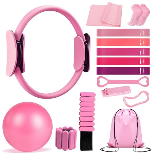 Pilates Ring Set with Adjustable Resistance - Full Body Workout Kit for Women, Portable Travel Bag & Anti-Slip Accessories - color: pink