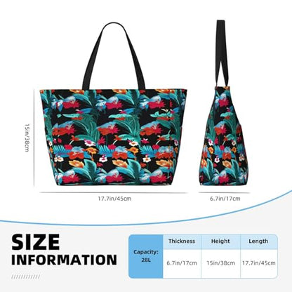Large Beach Bag for Women Waterproof Foldable Travel Shoulder Tote Bag with Pocket for Weekender Pool Vacation - color: Tropical Black
