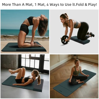 LVME Foldable Yoga Mat, 71"x24"x1/3" Thick(8mm), Non Slip Exercise Mat - color: Forest green+Charcoal