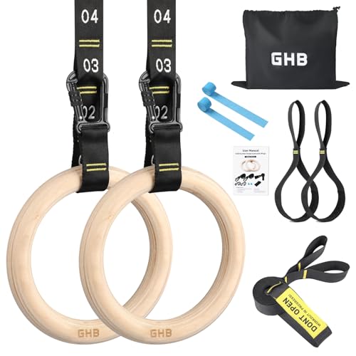 GHB Gymnastic Rings Wooden Gym Rings 1.25" Olympic Rings Adjustable Straps Pull Up Rings Sets for Workout Bodyweight Fitness Training - style: 32mm Rings & Carabiner Numbered Straps Set