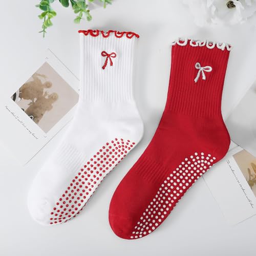 Women's Pilates Grip Socks, Ruffle Non Slip Bow Pattern Yoga Socks | Grippy, Frilly Trim, Embroidery, Crew Length, Soft Cotton, Arch Support, for Barre Ballet Dance Workout Hospital Home Gifts - color: B04-bow-white(red)+red(white)