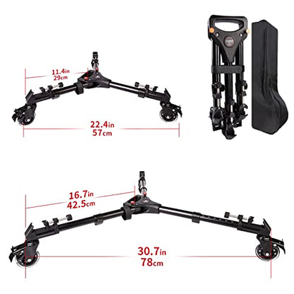 Photography Tripod Dolly, Heavy Duty with Larger 3-inch Rubber Wheels, Adjustable Leg Mounts and Carry Bag, Compatible with Most Tripods Perfect for Cameras Camcorder and Lighting Equipment Black