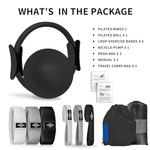 DICYWUDI Pilates Essentials Kit for Home Women, Pilates Equipment for Workouts, 6 Fabric Resistance Bands, 12 Inch Magic Circle Yoga Ring, Mini Exercise Ball, Great Exercise Equipment - color: 8pcs Black set