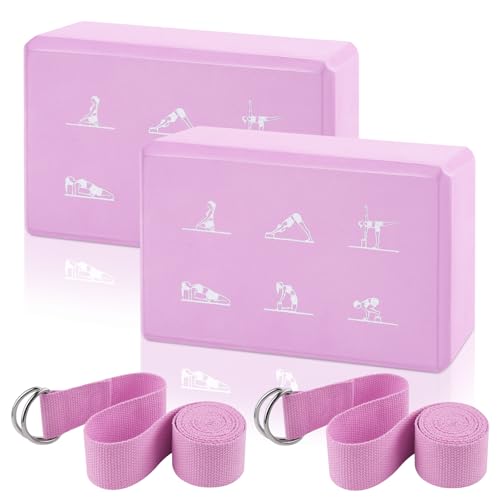 2 Yoga Block and 2 Yoga Strap Set,Non-slip EVA Foam Blocks, High Density Yoga Bricks with 6ft Strap, Supportive Latex-Free Yoga Block Accessories for Pilates - color: Pink