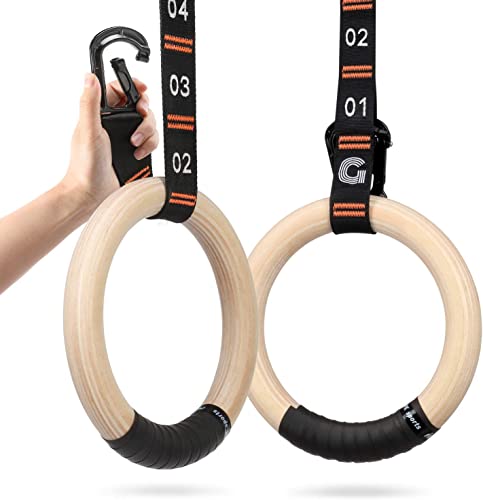 Gonex Wooden Gymnastic Rings with Adjustable Straps, 8.7 ft | Birch Wood Rings, Quick-adjust Carabiners Buckle Numbered Straps, Home Gym & Outdoor Training, Full-body Strength Workouts - style: 32mm Birch Wooden Ring & Carabiner Numbered Straps