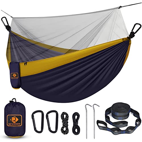Camping Hammock with Net,Portable Lightweight Double Hammocks with Tree Straps and Solid D-Shape Hanging Hooks,Parachute Nylon Hammock for Backpacking Beach Backyard Patio Hiking - color: Navy Blue & Yellow, size: Large