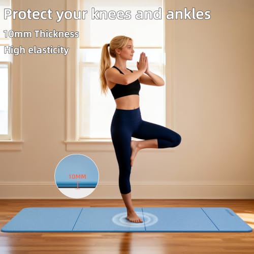 Foldable TPE Yoga Mat Thick 10mm,75" x40"Extra Large Exercise Mats | Stretch Mat Non-slip Fitness Folding Mat Easy to Carry,Wide Gym Mats for Women Men Suitable for Home Workout Travel Pilates - color: Blue
