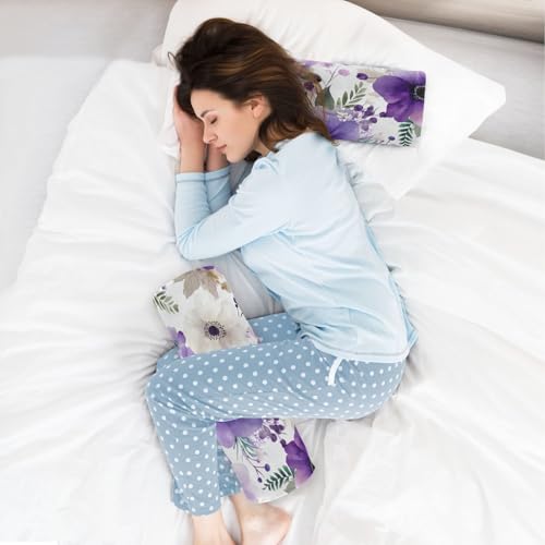 Purple White Lotus Flowers and Berries Neck Roll Pillow Bolster Round Health Memory Foam Long Cervical Cylinder Pillows with Removable Washable Cover for Body Bed Legs Back Yoga - color: Blue and White Silver Lotus Flowers and Berries