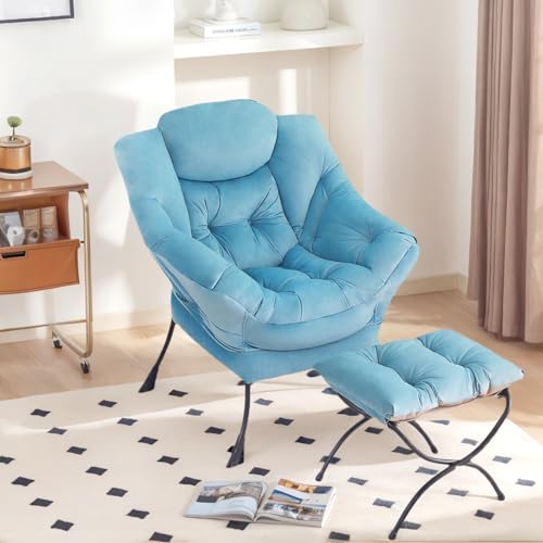 Tiita Lazy Chair with Ottoman, Comfy Reading Accent Chair, Light Blue | Foldable Footrest, Padded Seat and Backrest, Side Pocket for Lounging in Living Rooms, Bedrooms, Dorms and Small Spaces - color: Light Blue