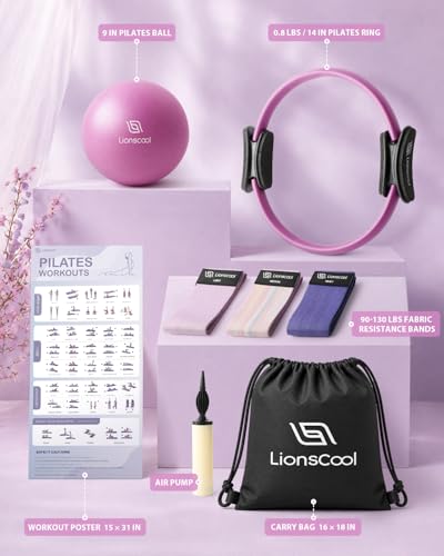 LIONSCOOL Pilates Ring Set 14" Magic Circle, 9" Mini Ball, Resistance Bands - color: Purple