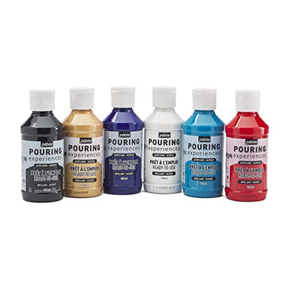 Pébéo Acrylic Pouring Paint Starter Kit - Art and Painting Supplies, Ready-To-Pour Fluid Medium, 118 Milliliter Bottles, Set of 6 Assorted Colors