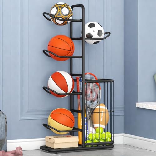 Sports Ball Storage Rack | Adjustable Vertical Stand for Basketball, Soccer, Volleyball & More | Durable Steel Organizer for Garage |5-Ball |45.7 inches, black - size: 5-Balls with Basket