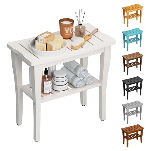 Bamboo Shower Bench Stool with Storage Shelf, Waterproof Shower Chair Spa Bath Seat, Shower Stool for Inside, Bathroom Bench Seat for Adults Elderly Seniors for Indoor or Outdoor Use(White) - color: White