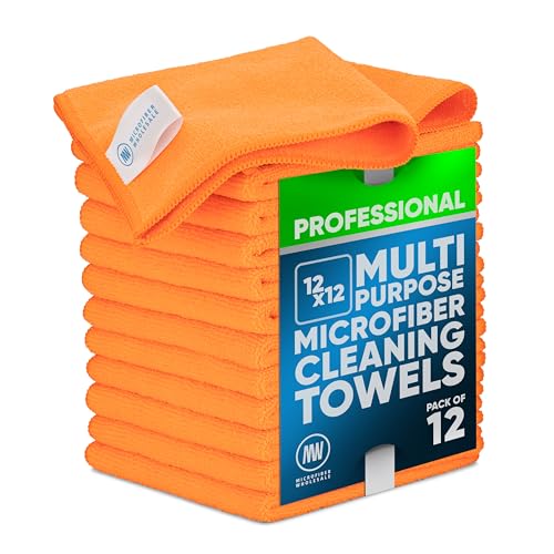 MW PRO Microfiber Cleaning Cloths Orange (12 Pack, 12x12) - Commercial Janitorial Towels & Lint Free Rags - Heavy Duty for Auto Detailing, Glass Windows, Housekeeping & Screens - Washable 300+ Times - color: Orange, size: 12 Count (Pack of 1)