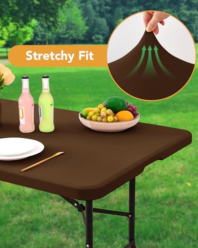 KeyWave Fitted Tablecloth Rectangle Table Cloths - 6 Pack 6 Foot Elastic Stretch Folding Table Top Cover Water-Resistant Reusable for Outdoor Picnic Camping Party Event, Brown, 72" L x 30" W - color: Brown, size: 6 ft - 6 Pack