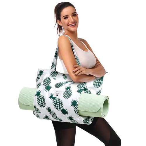 WLLWOO Yoga Mat Carrier Bag for Women Canvas Carryall Tote Gym Pilates | Large Holder Zipper Shoulder for Beach Travel Workout Fitness Office - color: Pineapple