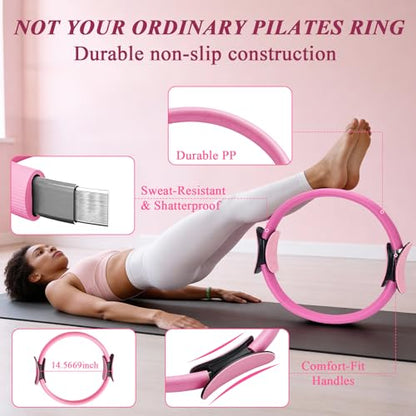 Pilates Ring and Small Ball Set for Women with 5 Resistance Bands, 14 inch Magic Circle Home Workout Essentials Starter Kit for Beginners, Yoga Sets for Full Body Toning Shape